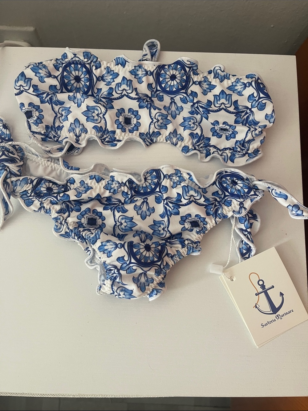 Blue and White Tile Print Kids Bikini by
